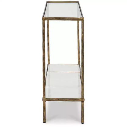 Signature Design by Ashley Ryandale, Tavolo console da divano, Finitura in ottone anticato con ripiano in vetro e ripiano in marmo