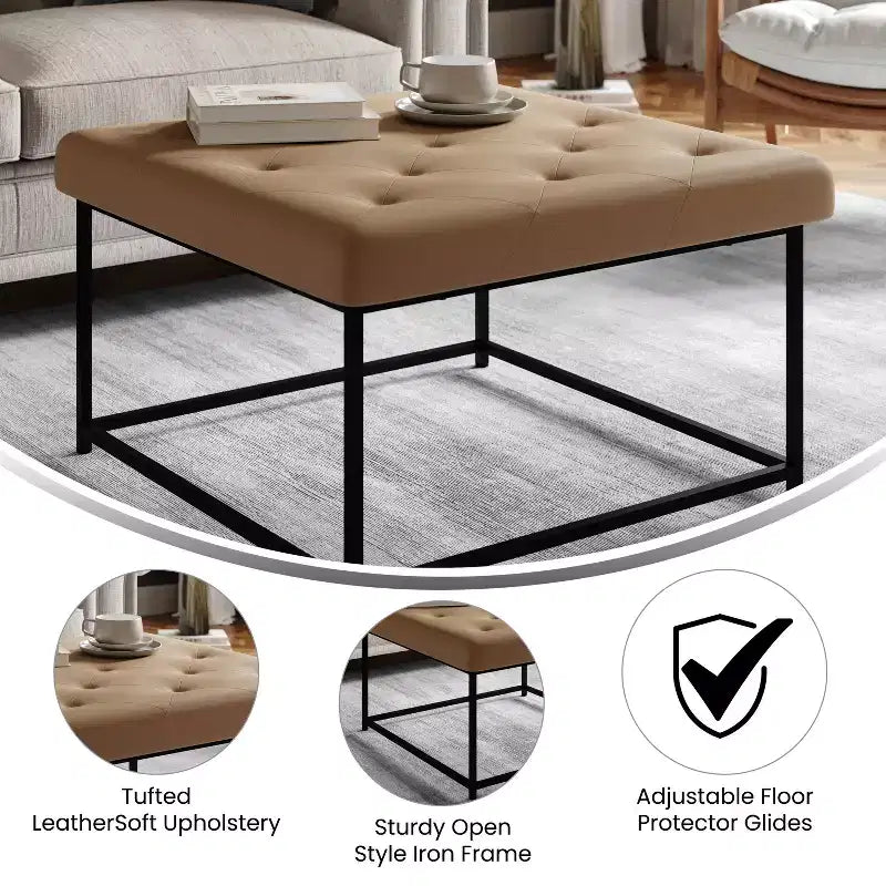 Emma and Oliver Pouf quadrato in similpelle da 76 cm con design trapuntato e robusta struttura in ferro