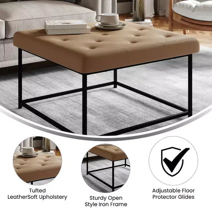 Emma and Oliver Pouf quadrato in similpelle da 76 cm con design trapuntato e robusta struttura in ferro