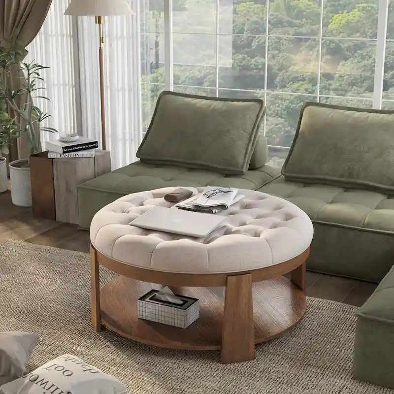 Geoffrey Transitional Round Natural Wood Open-Shelf Tufted Ottoman with Wheels by Furniture of America