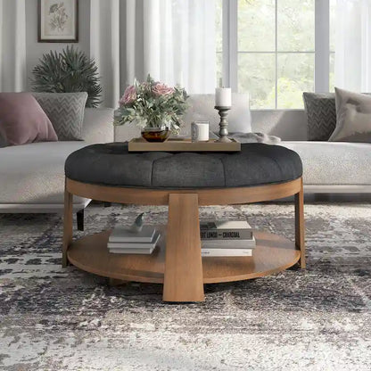 Geoffrey Transitional Round Natural Wood Open-Shelf Tufted Ottoman with Wheels by Furniture of America