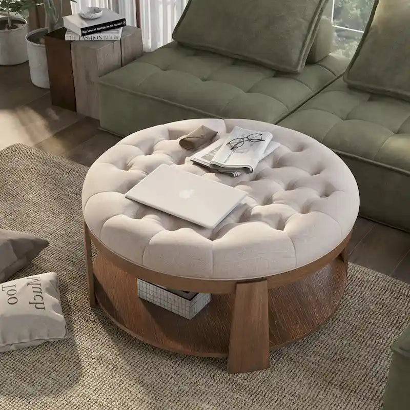 Geoffrey Transitional Round Natural Wood Open-Shelf Tufted Ottoman with Wheels by Furniture of America