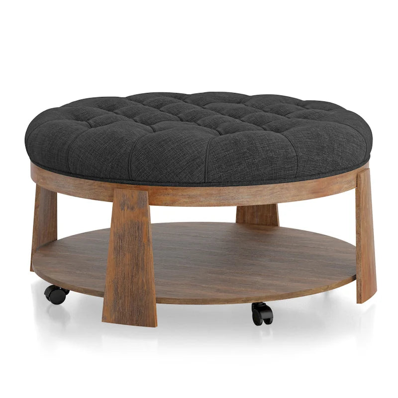 Geoffrey Transitional Round Natural Wood Open-Shelf Tufted Ottoman with Wheels by Furniture of America