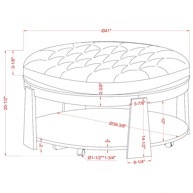 Geoffrey Transitional Round Natural Wood Open-Shelf Tufted Ottoman with Wheels by Furniture of America