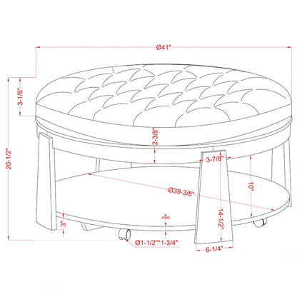 Geoffrey Transitional Round Natural Wood Open-Shelf Tufted Ottoman with Wheels by Furniture of America
