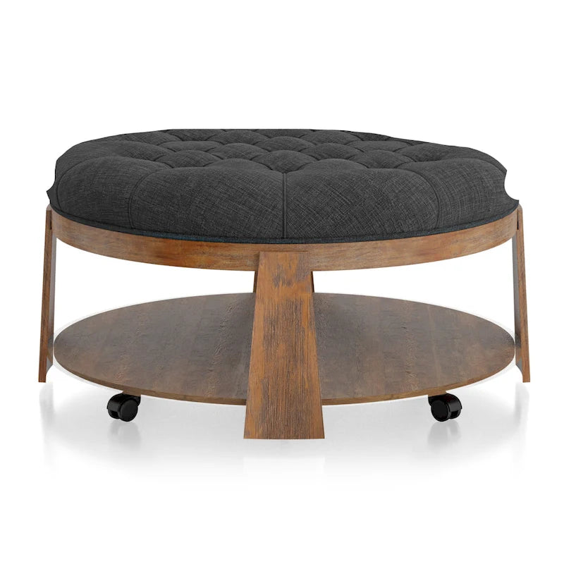 Geoffrey Transitional Round Natural Wood Open-Shelf Tufted Ottoman with Wheels by Furniture of America