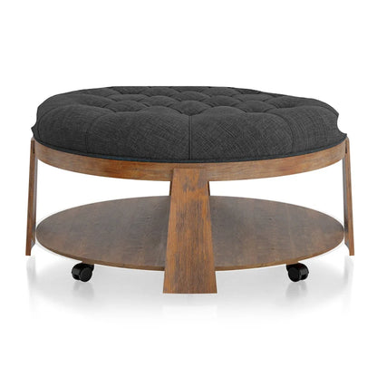 Geoffrey Transitional Round Natural Wood Open-Shelf Tufted Ottoman with Wheels by Furniture of America