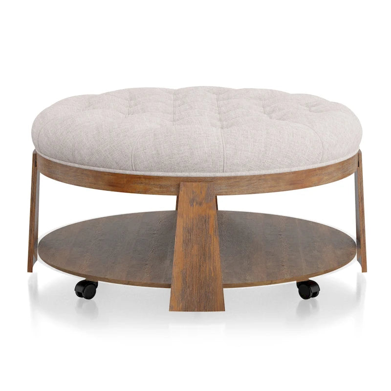 Geoffrey Transitional Round Natural Wood Open-Shelf Tufted Ottoman with Wheels by Furniture of America