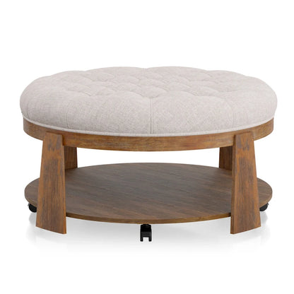 Geoffrey Transitional Round Natural Wood Open-Shelf Tufted Ottoman with Wheels by Furniture of America