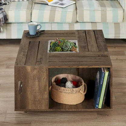 DH BASIC Rustic Oak 32-inch Open Shelf Mobile Coffee Table by Denhour