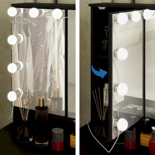 White Makeup Vanity - LED Mirror, USB-Powered Lights, Dresser Table