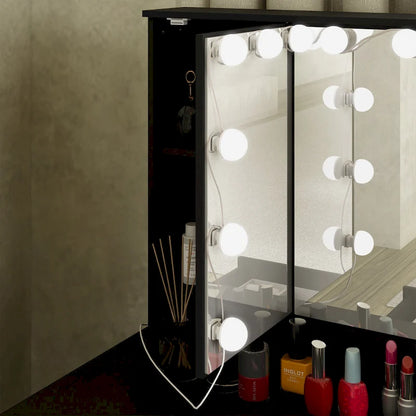 White Makeup Vanity - LED Mirror, USB-Powered Lights, Dresser Table