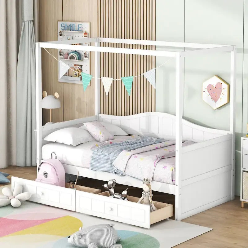 Twin Size Wood Canopy Day Bed with 2 Drawers