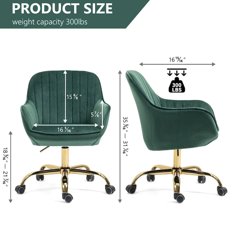 Green Velvet Swivel Chair With High Back, Adjustable Working Chair With Gold Base