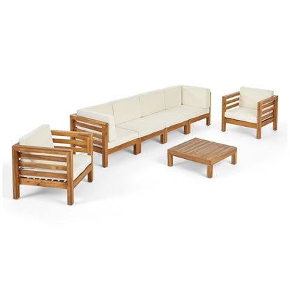 Set da conversazione Oana Outdoor composto da divano a 6 posti e poltrone Club in legno di acacia di Christopher Knight Home