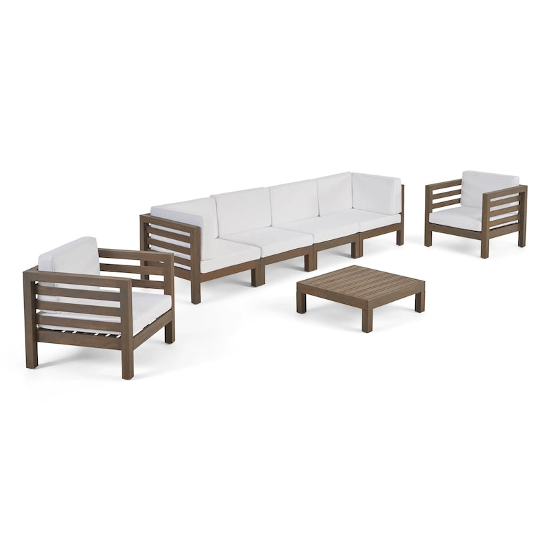 Set da conversazione Oana Outdoor composto da divano a 6 posti e poltrone Club in legno di acacia di Christopher Knight Home