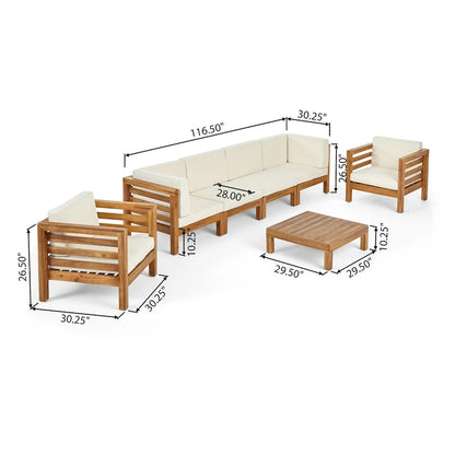 Set da conversazione Oana Outdoor composto da divano a 6 posti e poltrone Club in legno di acacia di Christopher Knight Home