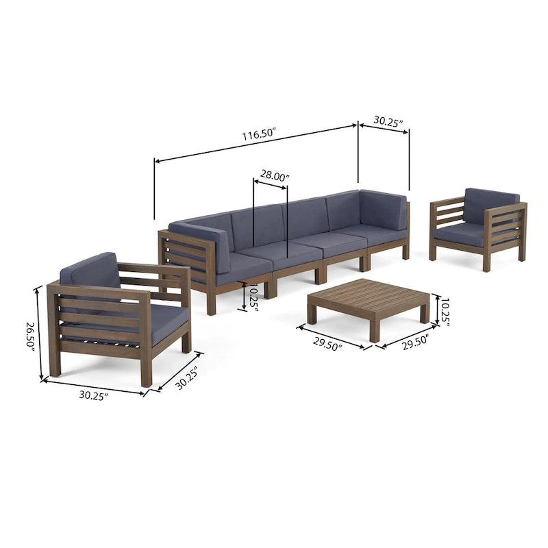 Set da conversazione Oana Outdoor composto da divano a 6 posti e poltrone Club in legno di acacia di Christopher Knight Home