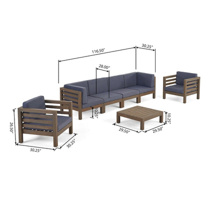 Set da conversazione Oana Outdoor composto da divano a 6 posti e poltrone Club in legno di acacia di Christopher Knight Home