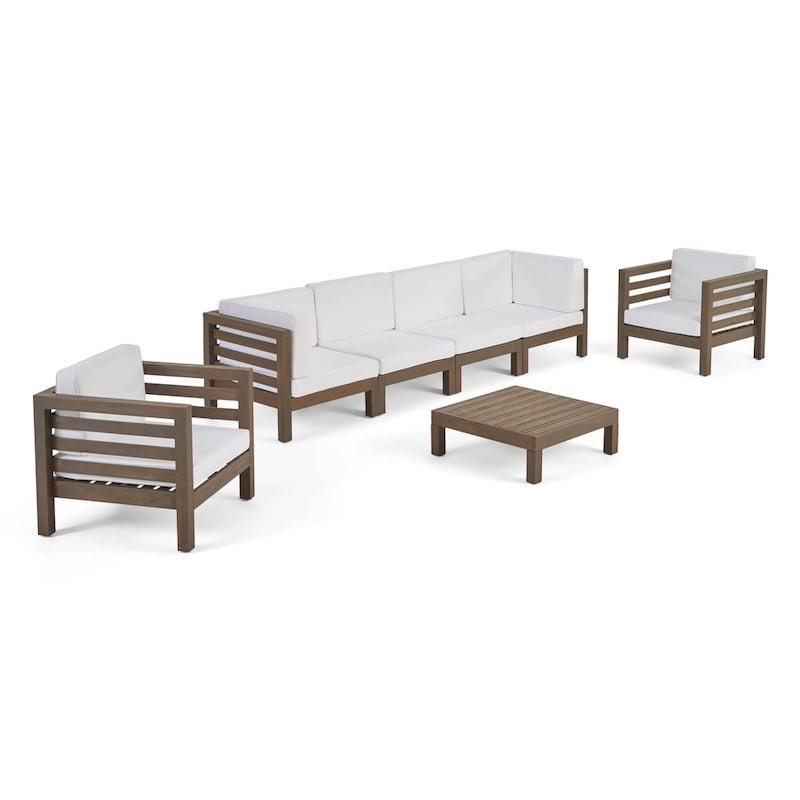 Set da conversazione Oana Outdoor composto da divano a 6 posti e poltrone Club in legno di acacia di Christopher Knight Home