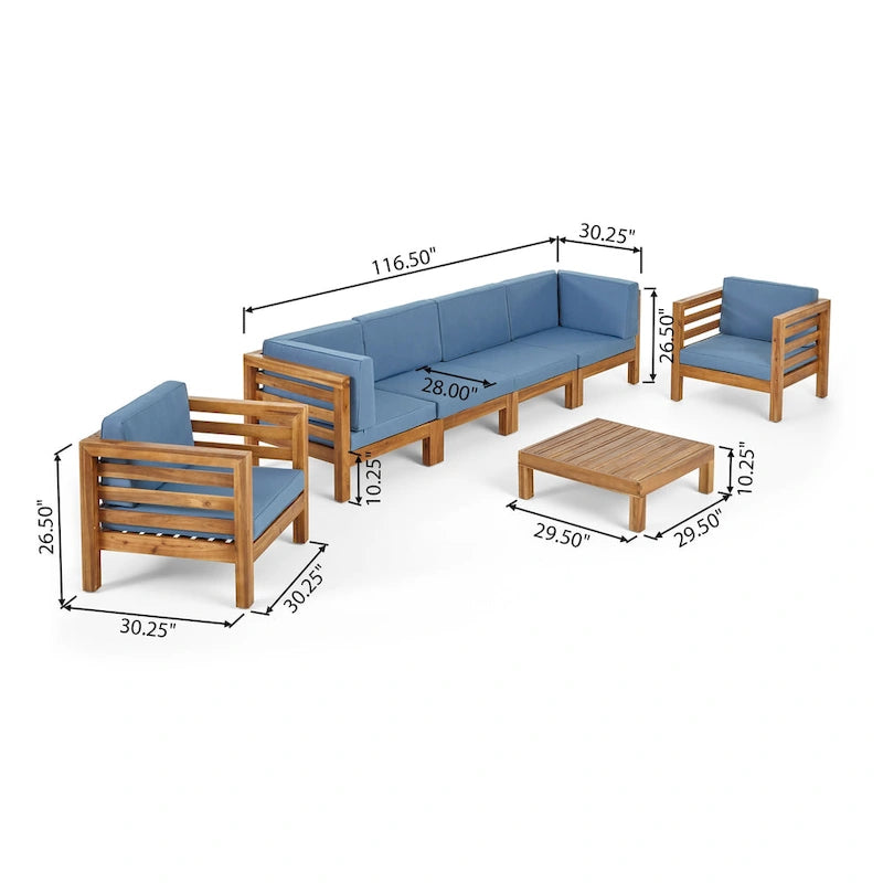 Set da conversazione Oana Outdoor composto da divano a 6 posti e poltrone Club in legno di acacia di Christopher Knight Home