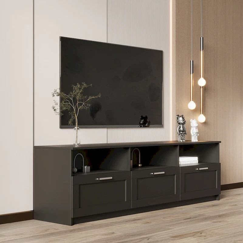 Black Modern Minimalist TV Stand Storage Cabinet 3 Drawers For 80 inch - 16.14 x 70.87 x 20.87
