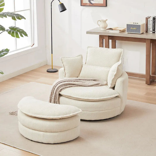 Oversized Swivel Barrel Chair with moon storage ottoman