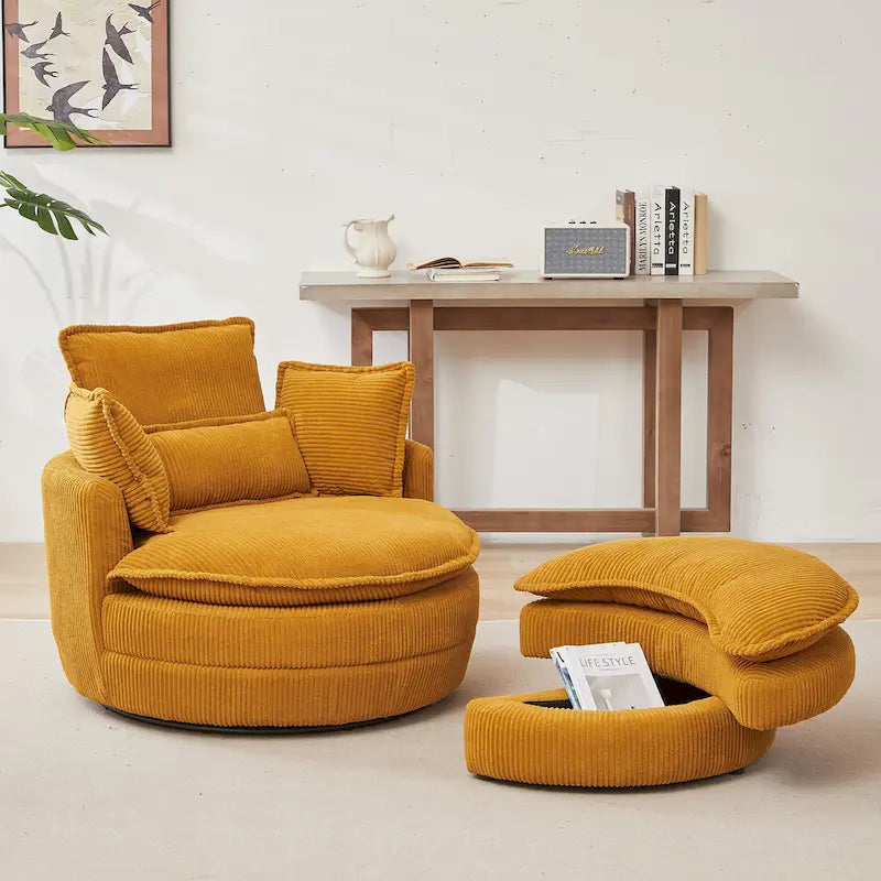 Oversized Swivel Barrel Chair with moon storage ottoman