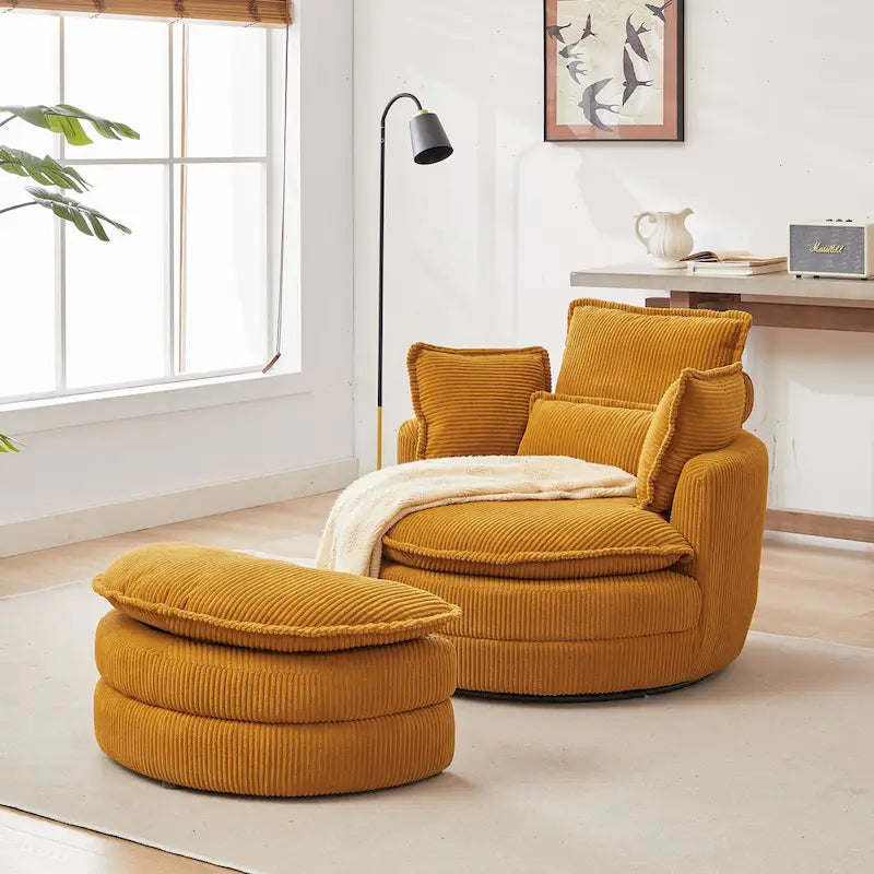 Oversized Swivel Barrel Chair with moon storage ottoman