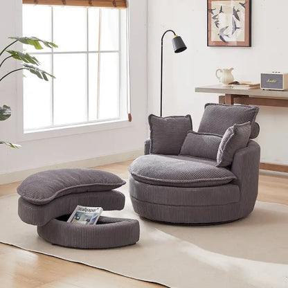 Oversized Swivel Barrel Chair with moon storage ottoman