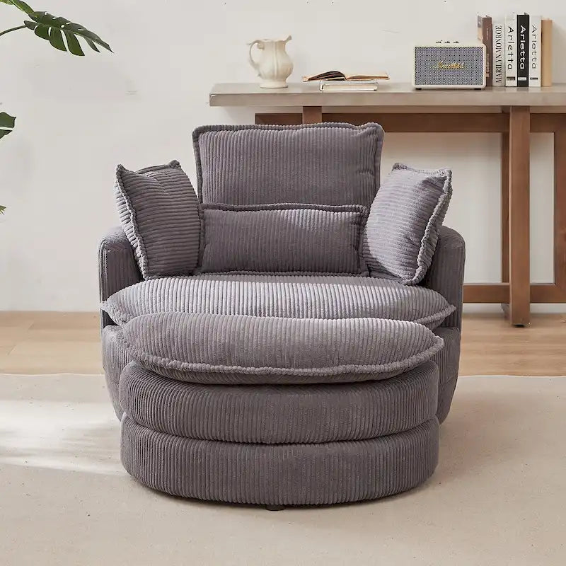 Oversized Swivel Barrel Chair with moon storage ottoman