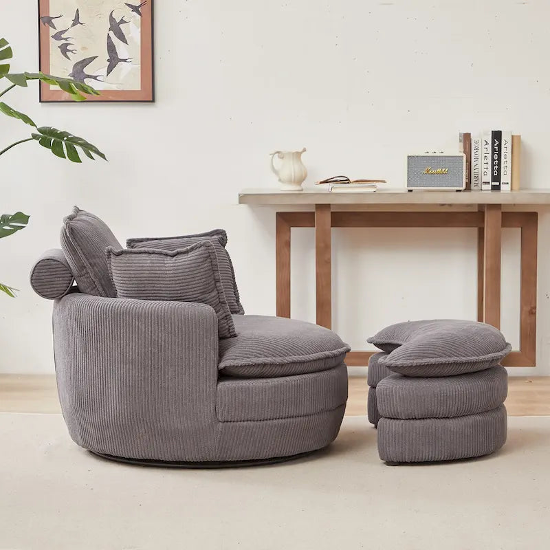 Oversized Swivel Barrel Chair with moon storage ottoman