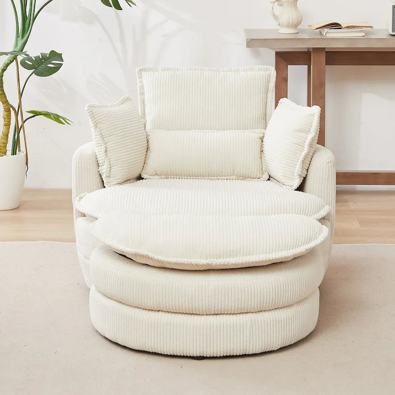 Oversized Swivel Barrel Chair with moon storage ottoman