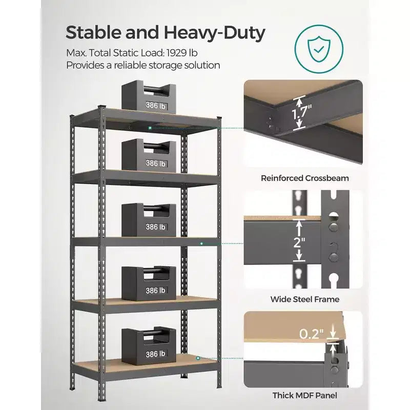 SONGMICS 5-Tier Storage Shelves, Garage Storage, Boltless Assembly, Adjustable Shelving Unit, Load 1929 lb, for Shed Warehouse Basement Kitchen
