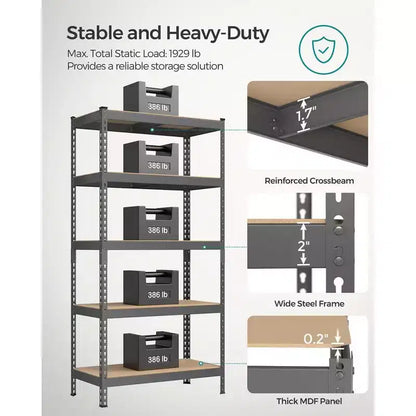 SONGMICS 5-Tier Storage Shelves, Garage Storage, Boltless Assembly, Adjustable Shelving Unit, Load 1929 lb, for Shed Warehouse Basement Kitchen