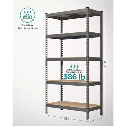 SONGMICS 5-Tier Storage Shelves, Garage Storage, Boltless Assembly, Adjustable Shelving Unit, Load 1929 lb, for Shed Warehouse Basement Kitchen