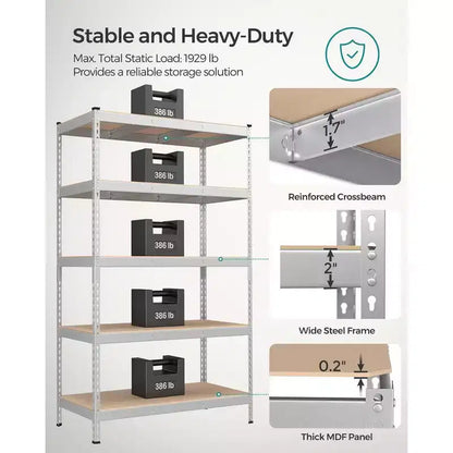 SONGMICS 5-Tier Storage Shelves, Garage Storage, Boltless Assembly, Adjustable Shelving Unit, Load 1929 lb, for Shed Warehouse Basement Kitchen