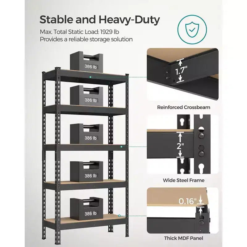 SONGMICS 5-Tier Storage Shelves, Garage Storage, Boltless Assembly, Adjustable Shelving Unit, Load 1929 lb, for Shed Warehouse Basement Kitchen
