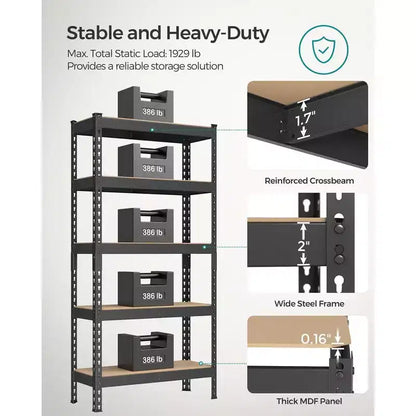 SONGMICS 5-Tier Storage Shelves, Garage Storage, Boltless Assembly, Adjustable Shelving Unit, Load 1929 lb, for Shed Warehouse Basement Kitchen