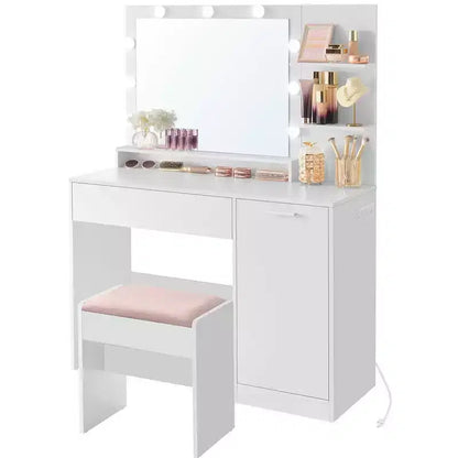 VASAGLE Toeletta con Specchio e Luci, Mobile Trucco Largo 110 cm con Sgabello Imbottito, Luci LED Dimmerabili, Bianco Nuvola