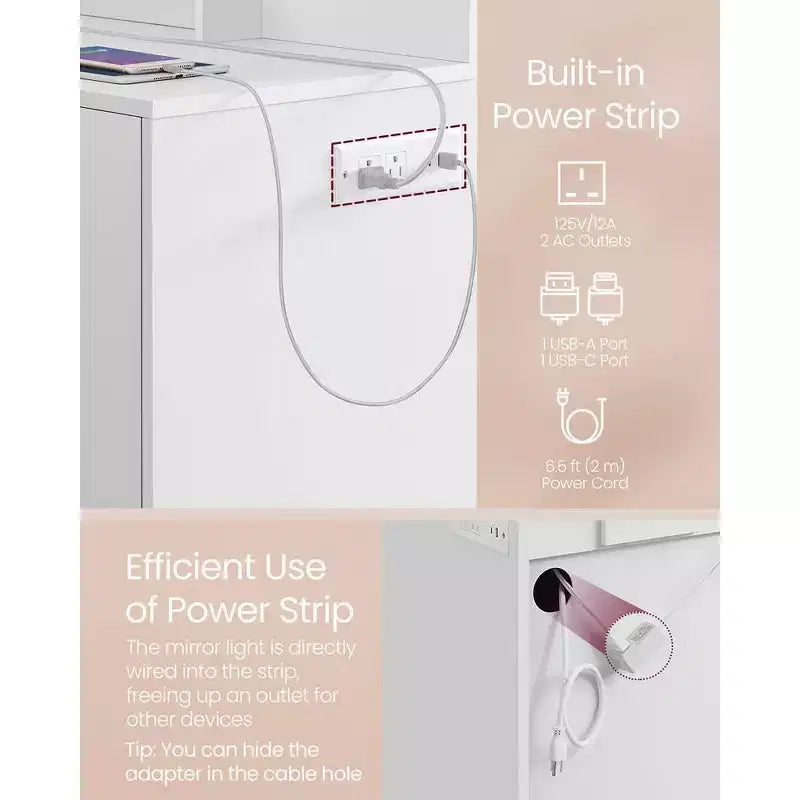 VASAGLE Toeletta con Specchio e Luci, Mobile Trucco Largo 110 cm con Sgabello Imbottito, Luci LED Dimmerabili, Bianco Nuvola