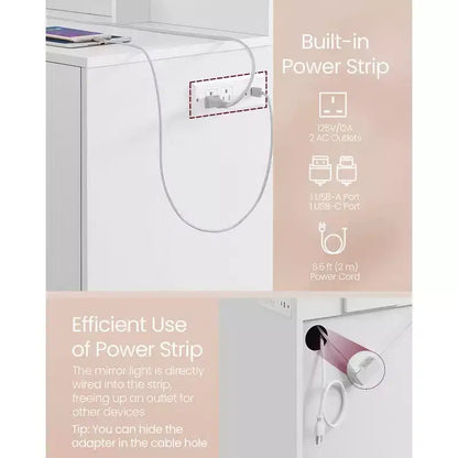 VASAGLE Toeletta con Specchio e Luci, Mobile Trucco Largo 110 cm con Sgabello Imbottito, Luci LED Dimmerabili, Bianco Nuvola