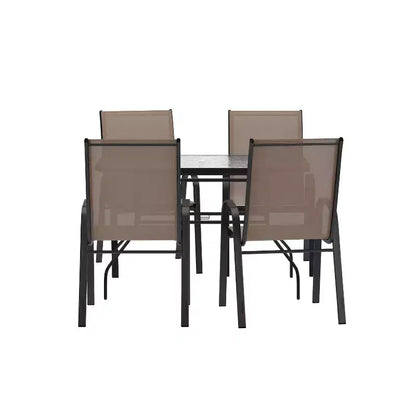 Set da pranzo da esterni Flash Furniture Brazos 5 pezzi di grado commerciale con tavolo da patio in vetro temperato e 4 sedie con sedute e schienali in materiale Flex Comfort
