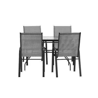 Set da pranzo da esterni Flash Furniture Brazos 5 pezzi di grado commerciale con tavolo da patio in vetro temperato e 4 sedie con sedute e schienali in materiale Flex Comfort