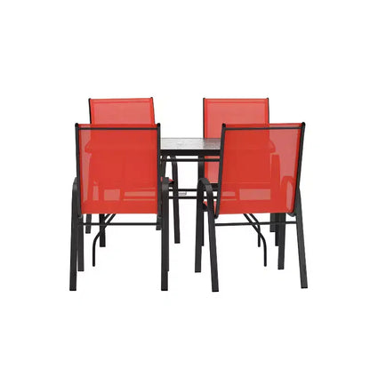 Set da pranzo da esterni Flash Furniture Brazos 5 pezzi di grado commerciale con tavolo da patio in vetro temperato e 4 sedie con sedute e schienali in materiale Flex Comfort