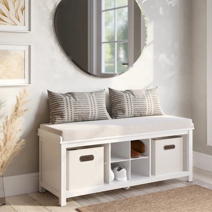 John Louis Home Solid Wood Entryway Bench with 4 Shoe Cubbies White