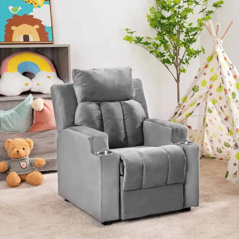 Deluxe Kids Recliner Chair with Footrest Headrest and 2 Cup Holders Microfiber Kids Recliner for Age 3+ Years