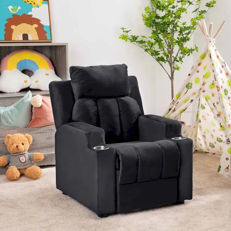 Deluxe Kids Recliner Chair with Footrest Headrest and 2 Cup Holders Microfiber Kids Recliner for Age 3+ Years