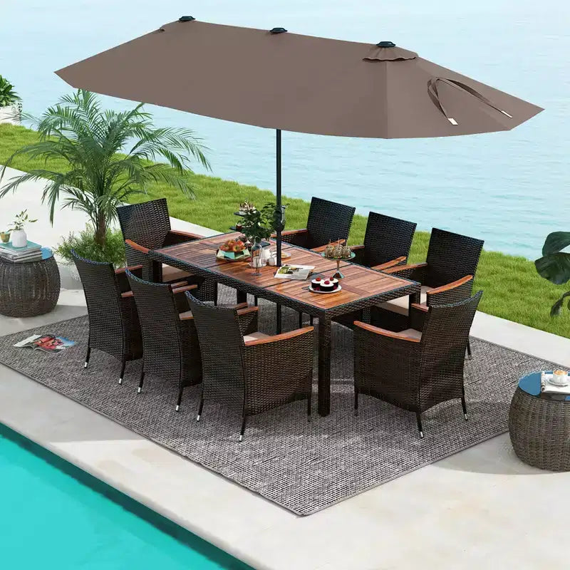 Costway 11 PCS Patio Dining Set with 15ft Double-Sided Patio Umbrella (Base Included) Beige/Coffee/Navy/Orange/Wine/Grey
