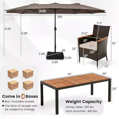 Costway 11 PCS Patio Dining Set with 15ft Double-Sided Patio Umbrella (Base Included) Beige/Coffee/Navy/Orange/Wine/Grey